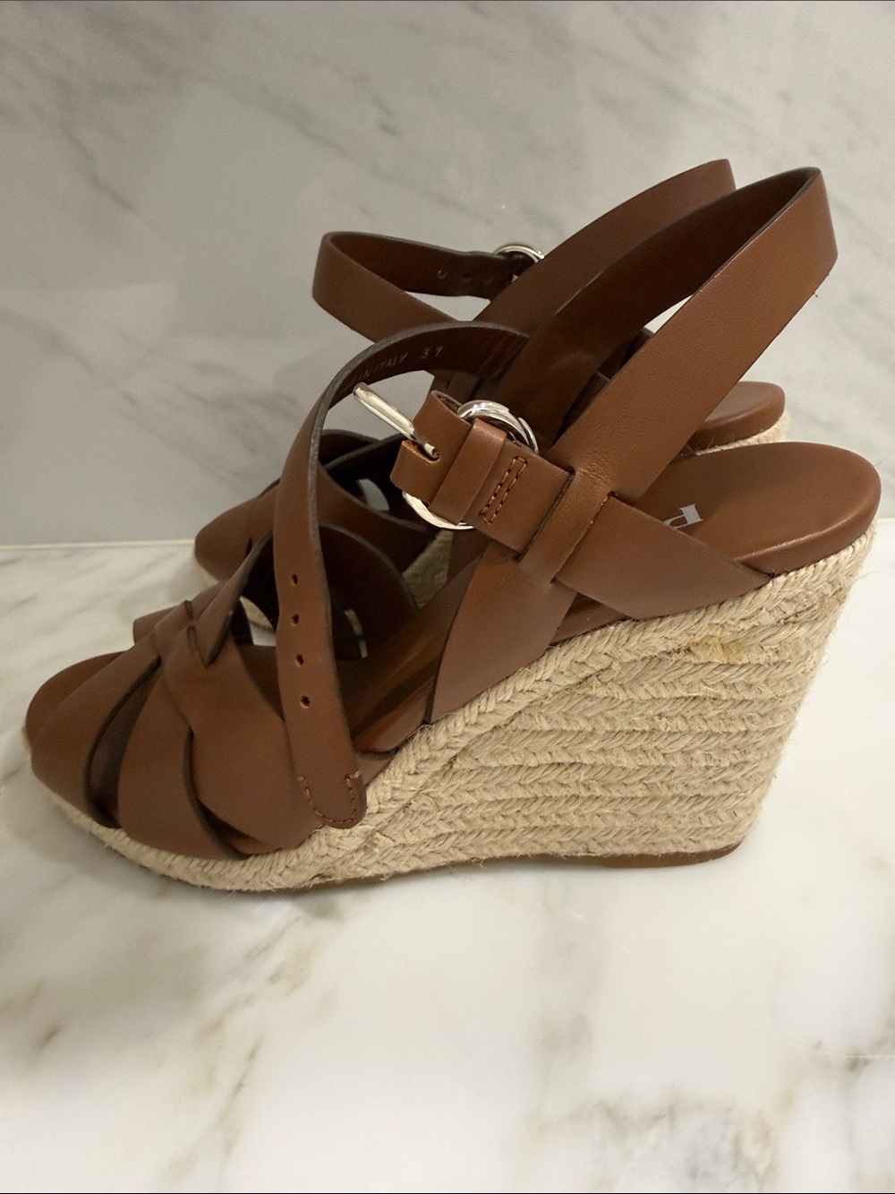 Prada Tan Leather Crisscross Wedge Sandals - Picture 5 of 6